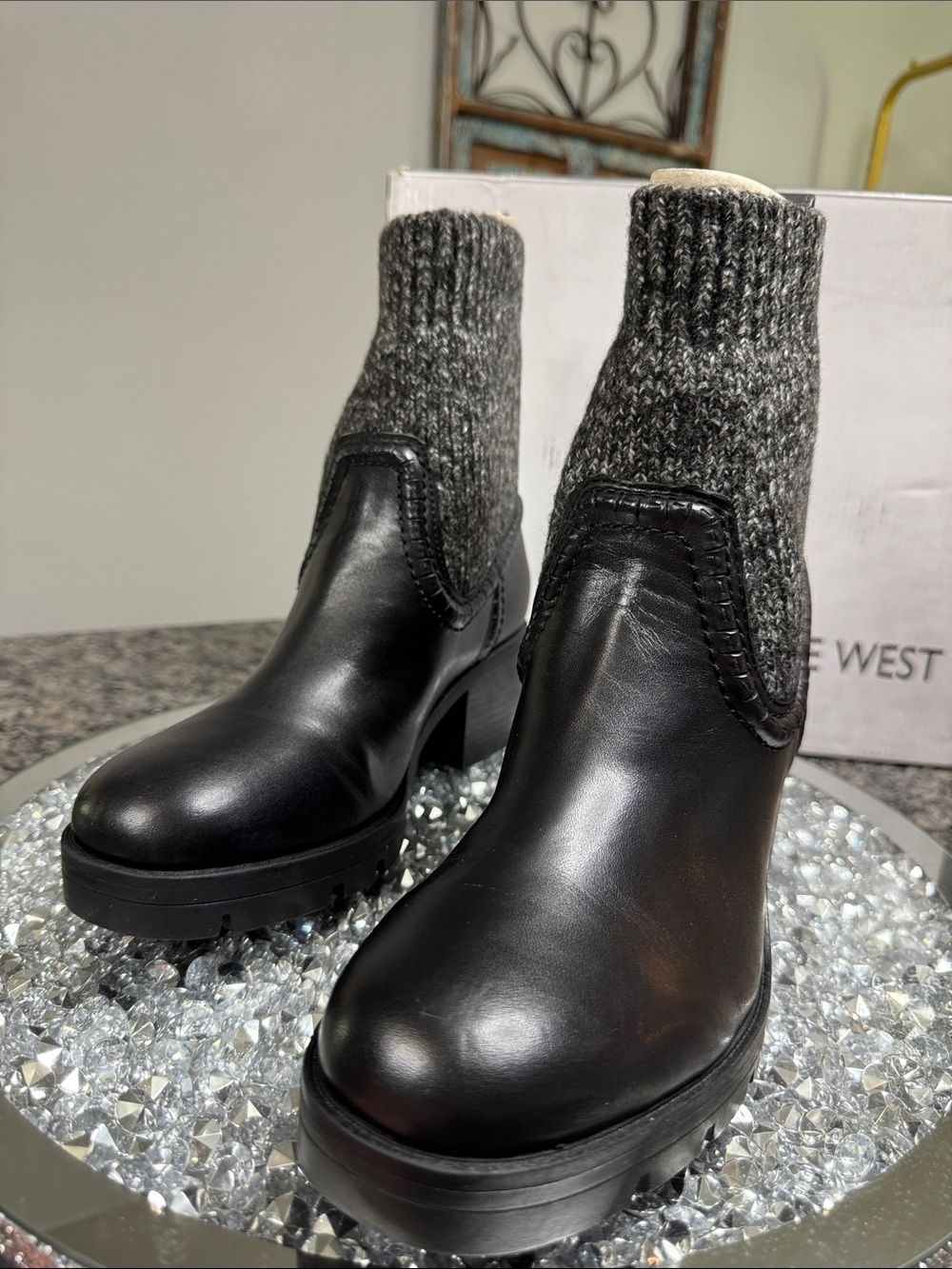 Nine West Black leather Ankle Boots with Gray Knit Cuff NWT 8.5 - Picture 8 of 13